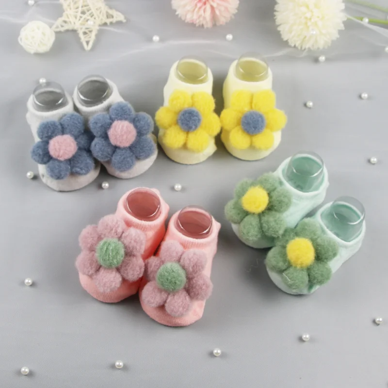 Baby Cute Cartoon 3D Doll Bow Flower Socks Cotton Rubber Anti-slip Floor Socks for 0-2Y Newborn Infant Clothing Boys Girls Wear