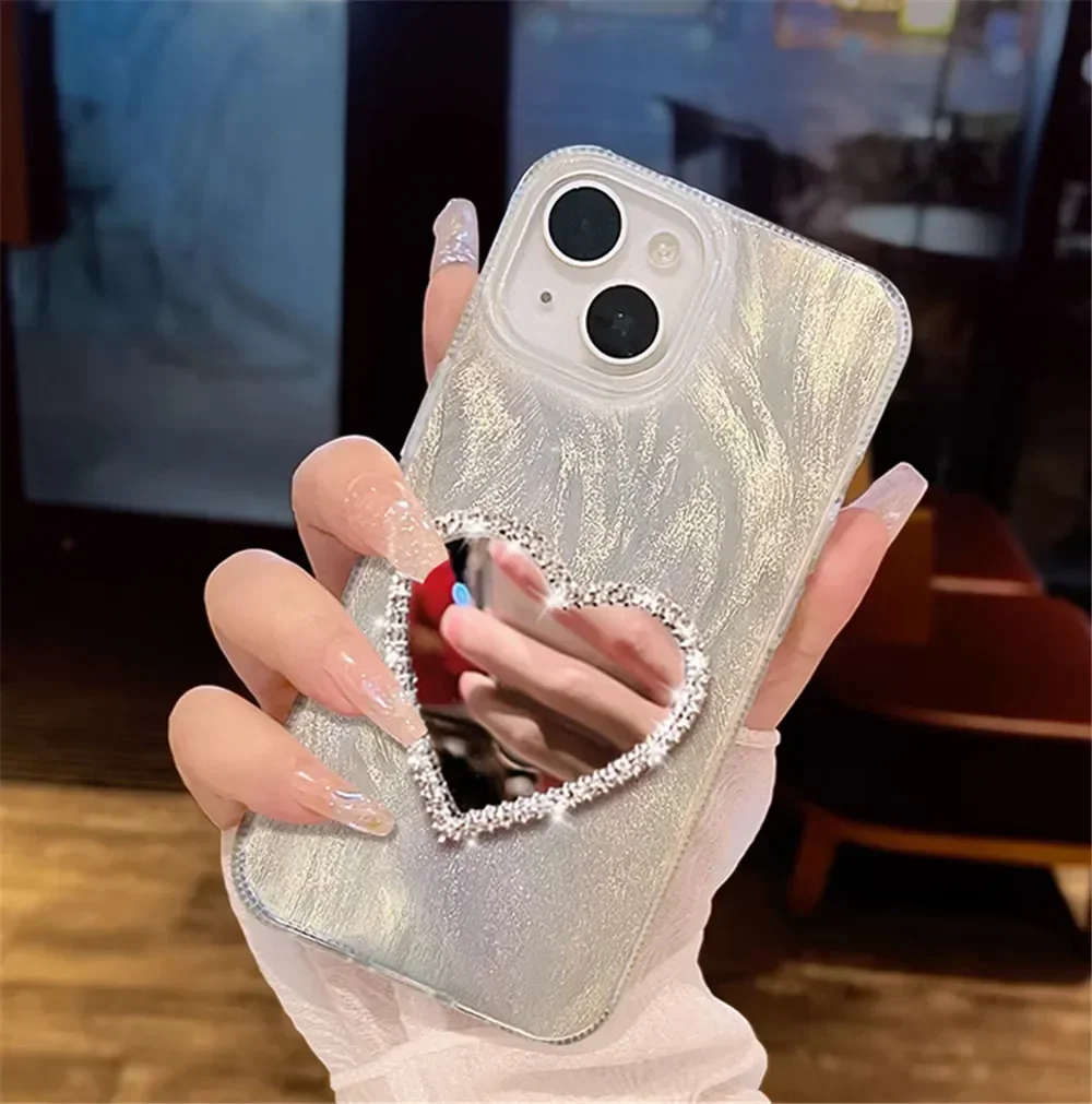 Luxury Diamond Heart Mirror Phone Case - Laser Shockproof Soft Silicone Back Cover