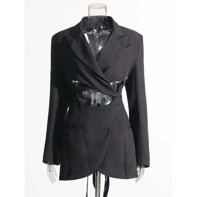 Hollow Out Backless Blazers Women Notched Collar Long Sleeve Solid Straight Spliced Lace Up Sexy Female New launched dress
