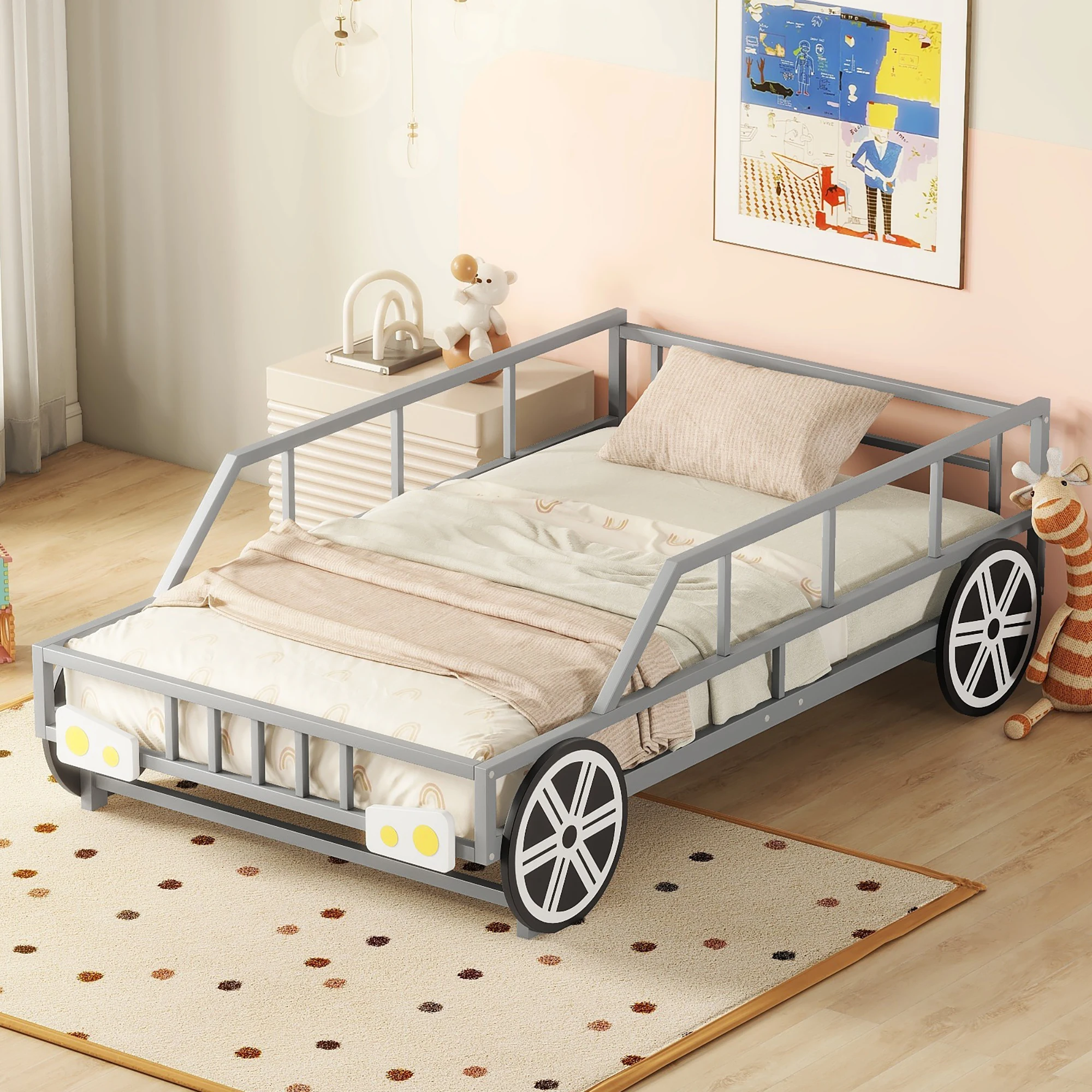 

Metal Twin Size Car-shaped Platform Bed with Wheels and Headlights Decoration, Silver