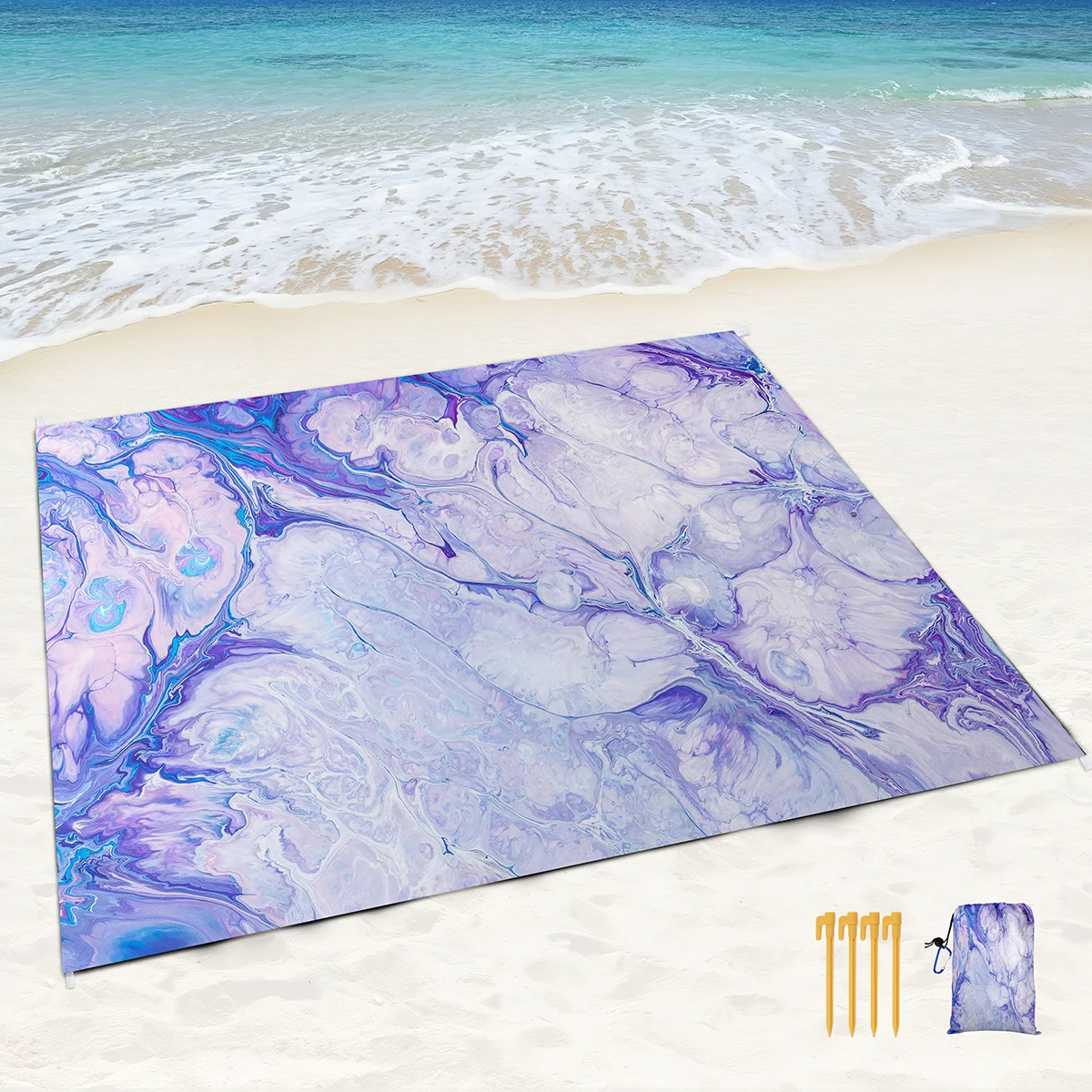 Beach Blanket Waterproof Sandproof,Blue Marble Black Picnic Rugs with Sand Pockets and Stakes,Marbling Outdoor Pad for Seaside 4