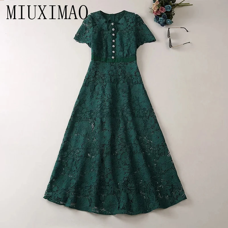 

MIUXIMAO 2023 High Quality Spring&Summer Elegant Dress Short Sleeve O-Neck Lace Embroidery Fashion Long Dress Women Vestide