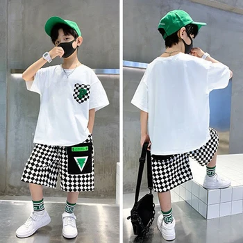 Fashion Boys Clothing Set Summer Teenage Short Sleeve Clothes Suit Letter T-shirt Plaid Shorts 2Pcs Children Loungewear Outfits 1