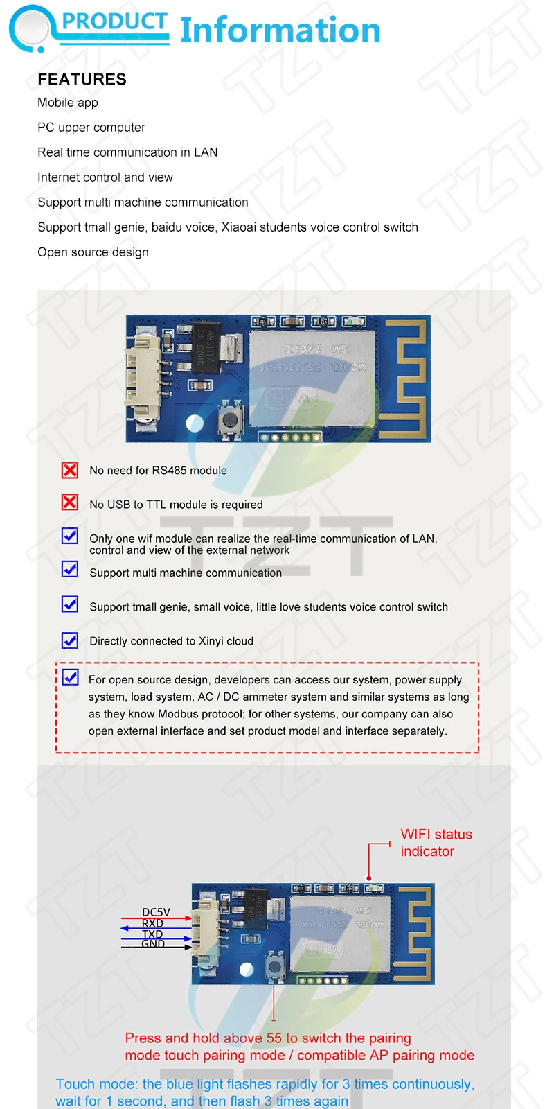 TZT ESP8285H16 WIFI-Modul Handy-APP Smart Home-Fernbedienung durch Stromversorgungssystem zur Steuerung des Leistungsmoduls für DC-DC – Detail 1