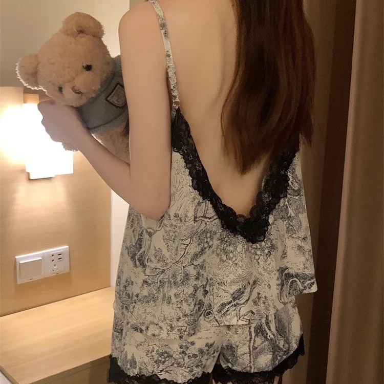 Summer Ice Silk Korean Style Camisole Pajamas Ink Printing Pajama Set Woman Fashion Loungewear Female Sexy Shorts Pajamas