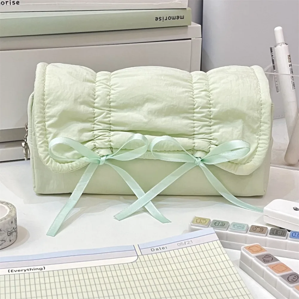 INS 리본 드로스트링 펜 가방 발레 스타일 대용량 단색 필통 다기능 정리함 문구류 보관 가방