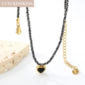 LUXUKISSKIDS Y2K Young Girls Heat Pendant Necklace Stainless Steel Colorful Beaded Collier Sweet Hearts Charms Wedding Jewellry