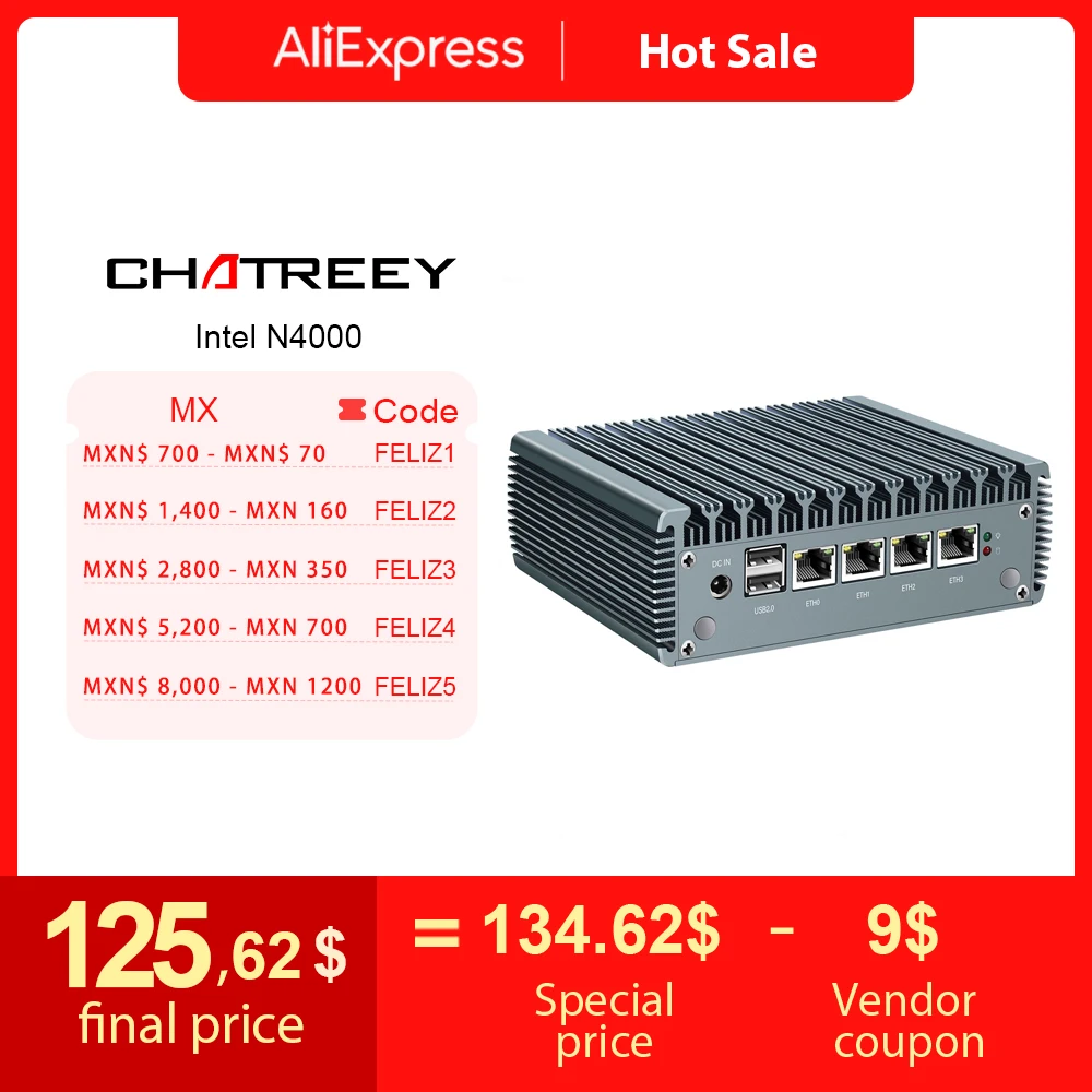 Chatreey 2.5G pfsense firewall intel pentium N4000 4*intel i225 nics měkké frézku DDR4 fanless mini PC opnsense VPN serveru