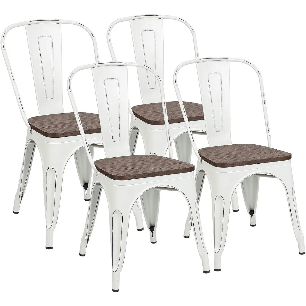 Metal Dining Chairs with Wood Seat, Indoor Outdoor Use Stackable Industrial Metal Chairs Set of 4 for Kitchen