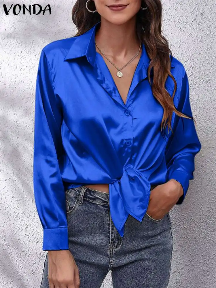 

Elegant Tops VONDA 2024 Summer Women Satin Shirts Solid Color Blouse Long Sleeve Lapel Casual Fashion Blusas Office Femininas