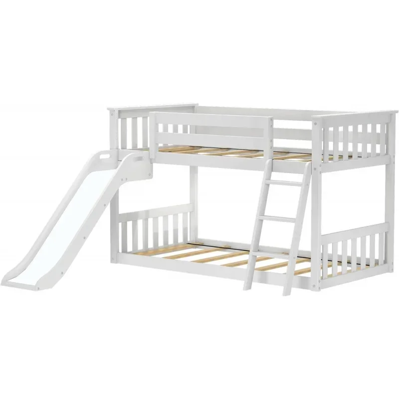 Solid Wood Twin Over Twin Size Low Bunk Beds for Kids with Slide and Ladder, 400 lbs Weight Capacity, 14" Safety Guardrail, Anti