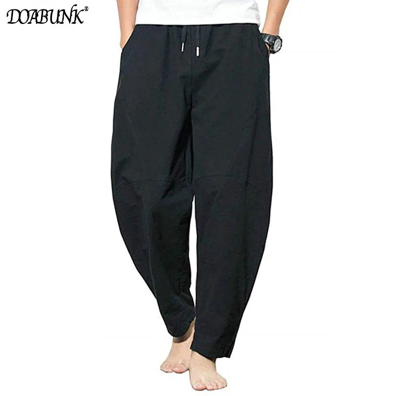 

2022 New Men's Summer Casual Linen Pants Male Breathable Cotton Wide Leg Pants Solid Color Black Trousers M-5XL