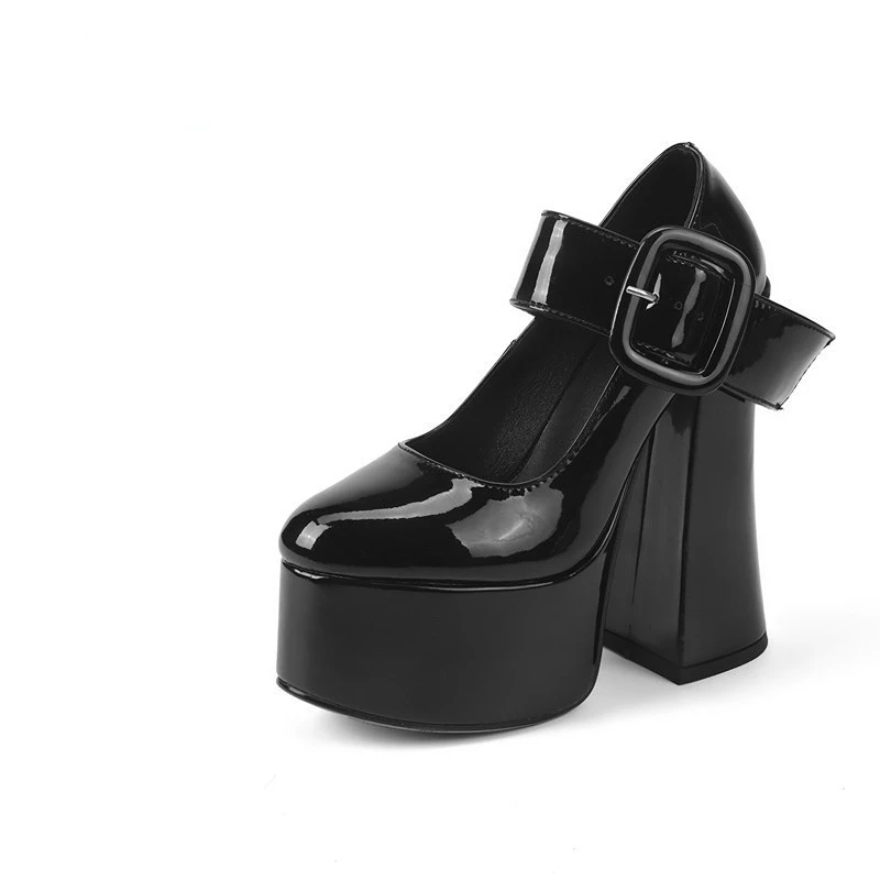 

2021 Spring New Sexy Patent Leather Thick Heel Single Shoes Black Red Buckle Shallow Mouth High Heels Shoes for Wedding Women