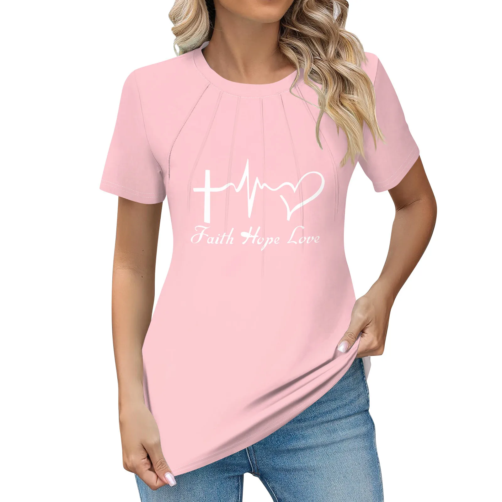 

Women'S Fashion Casual Round Neck Short Sleeve Tops Pleated Printed Short Sleeve Top Women Fashion Blouse 블라우스 T Shirt For Women