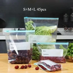 Durable Reusable Zip Lock Storage Bags - Thick, Microwave Safe, Versatile for Kitchen and Organization (Set of 3 Sizes) (3 size - 45pcs)