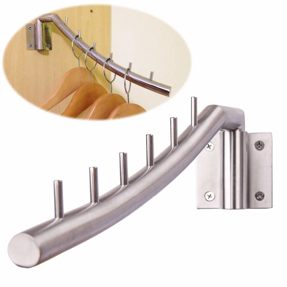 Sunmall Foldable Wall Mounted Clothes Hanger Rack - Stainless Steel Swing Arm With 6 Hooks (2 Pack) - View #7