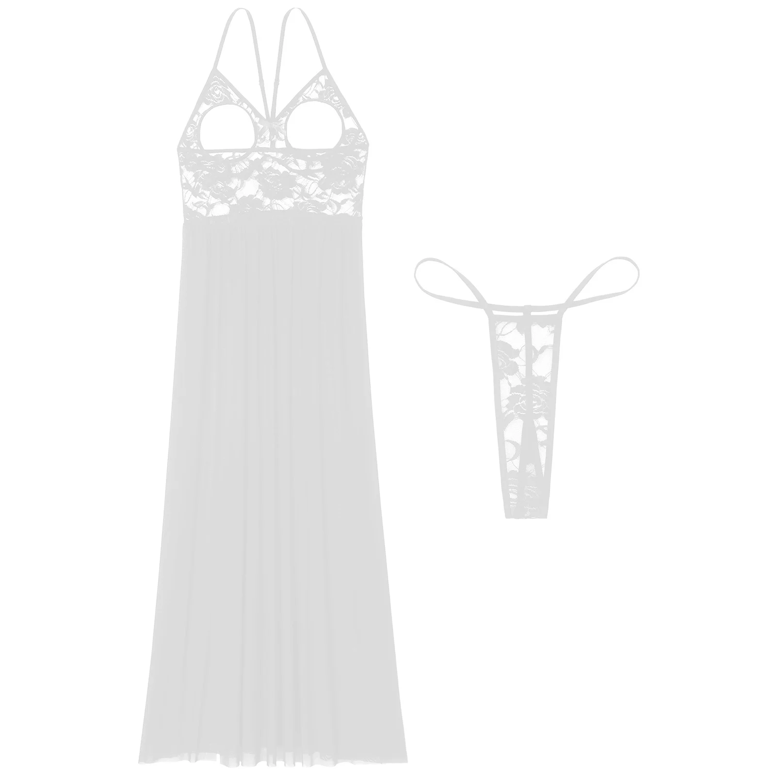 thumbnail image 1 of Lencería para mujer, vestido tentador transparente y espalda en T, ropa de dormir de 2 piezas, copa abierta, vestido de malla de encaje con abertura alta, camisón, 1 of 5