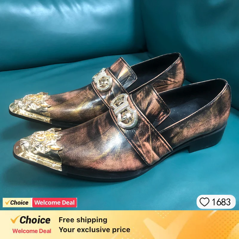 Luxurious New Genuine Leather Men Shoes Gold Pointed Toe Slip-on White Party Dress Wedding Shoes Oxfords