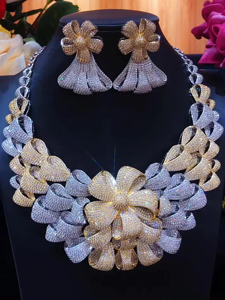 

missvikki Super Luxury BOWKNOTS Big Jewelry Set Women Wedding Cubic Zirconia Dubai Necklace Earring Bangle Ring Jewelry Sets