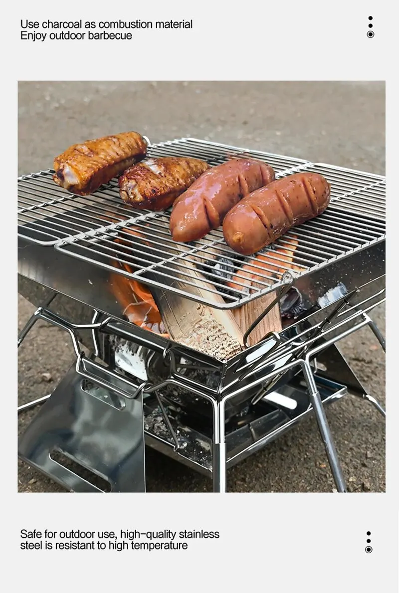 Description Picture 3 of itemFolding Grill Fire Pit Outdoor Table Camping Stove Stainless Steel Foldable Barbecue With A Charcoal Rack Grill