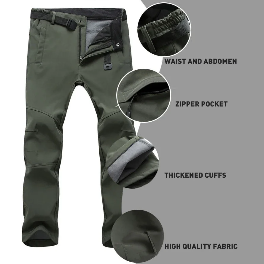QUESHARK Softshell Fleece Hiking Pants Men Windproof Camouflage Climbing Trekking Fishing Travel Camping Cycling Sport Trousers