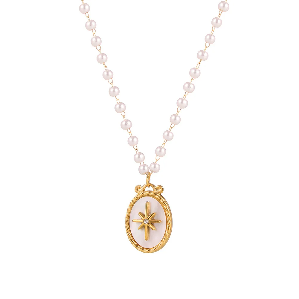 Elegante Halskette mit Imitationsperlenkette und kubischem Zirkon-Muschelanhänger für Damen, Edelstahl-Strangperlen, handgefertigter Choker-Schmuck.