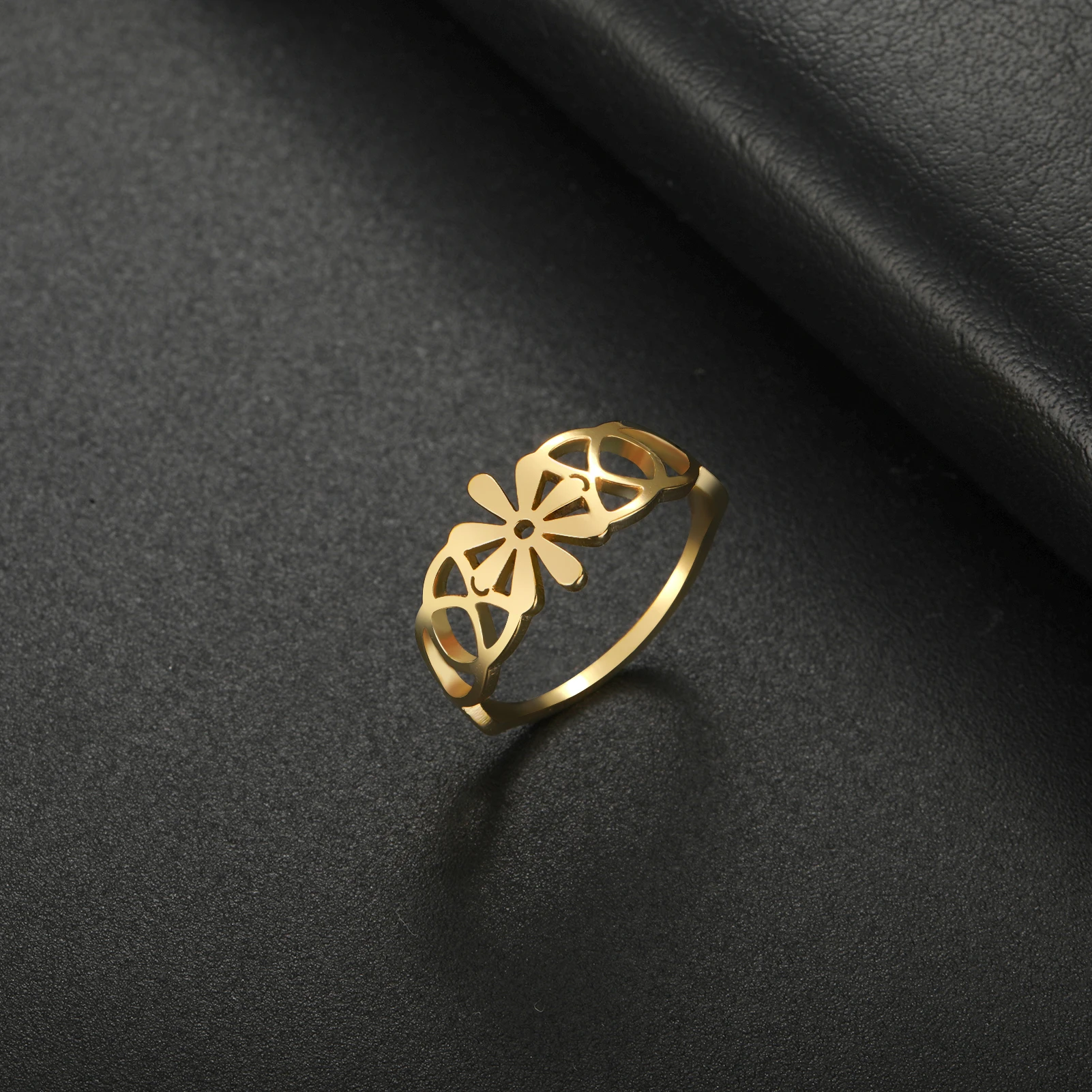 Kkjoy Modischer Gold-/Silberfarbener Edelstahl-Ring mit Sechsblüten-Design für Damen, Party-Fingerring, Schmuckgeschenk, Großhandel – Detail 12