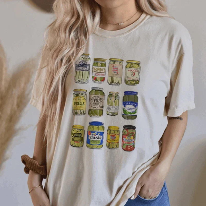 

Canned Pickles Vintage T-Shirts Women Cute Funny Pickle Lovers Tshirts Short Sleeve Trendy Fashion Pickle Jar Tee Shirt Tops