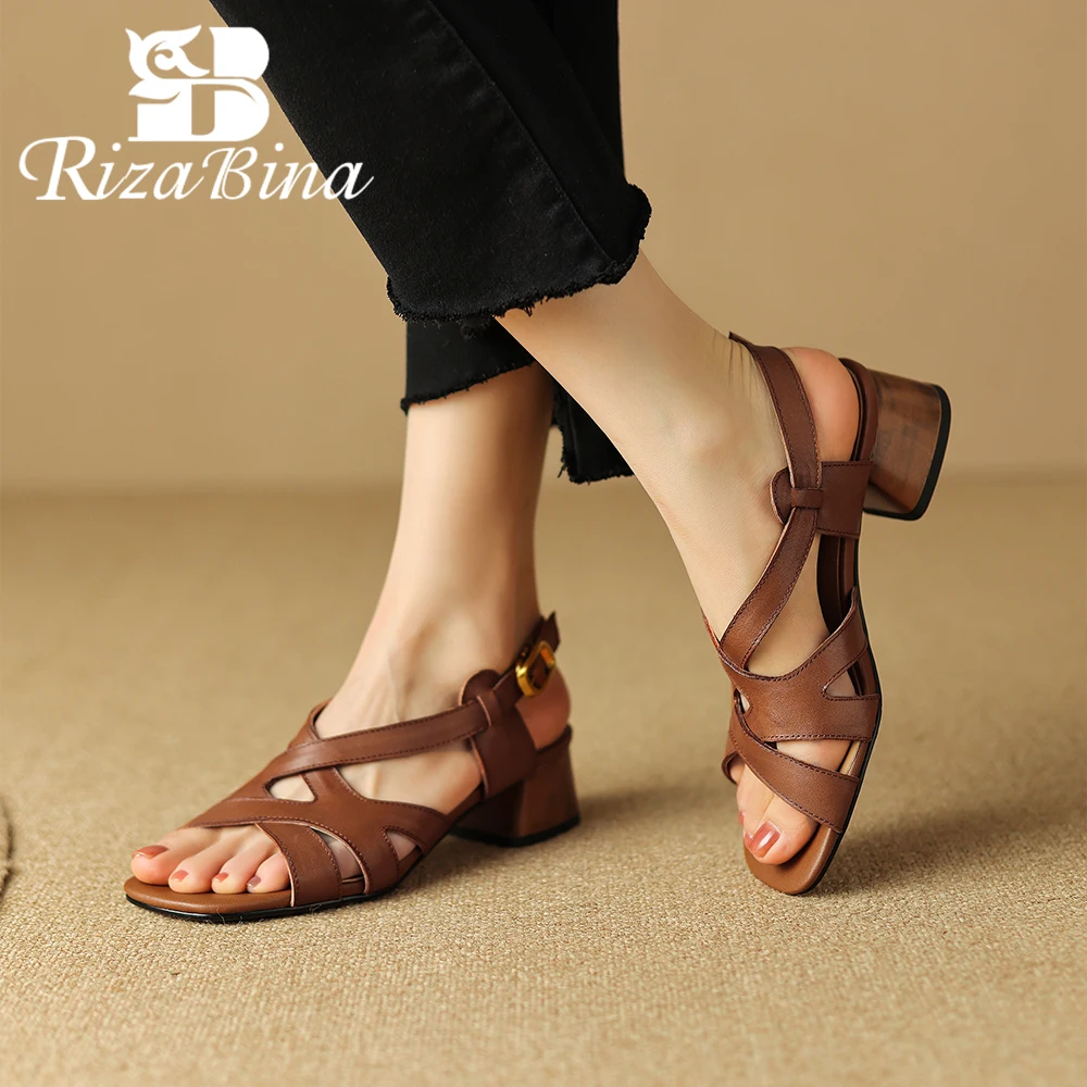 

RIZBINA Rome Style Gladiator Sandals Women Real Leather Square Toe Block Heel Summer Shoes Retro Buckle Strap Daily Office Shoes