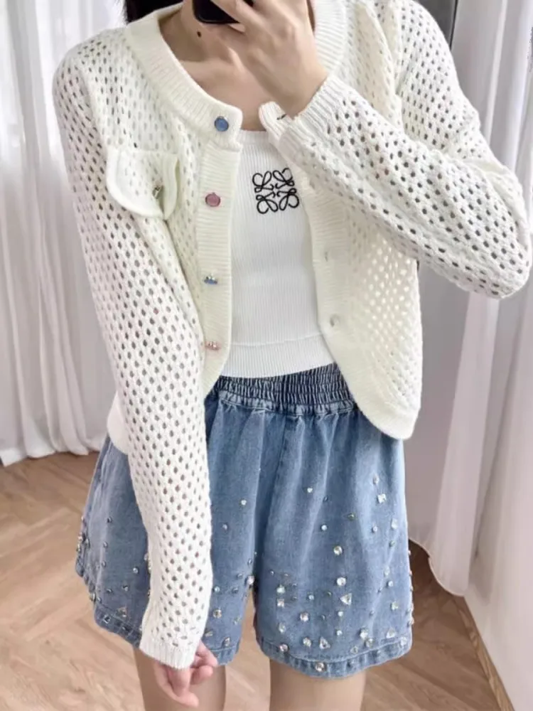 여성용 할로우 아웃 니트 카디건, O넥, 다채로운 버튼, 싱글 브레스트 니트웨어 코트, 달콤한 숙녀 통기성 스웨터 상의, 신상