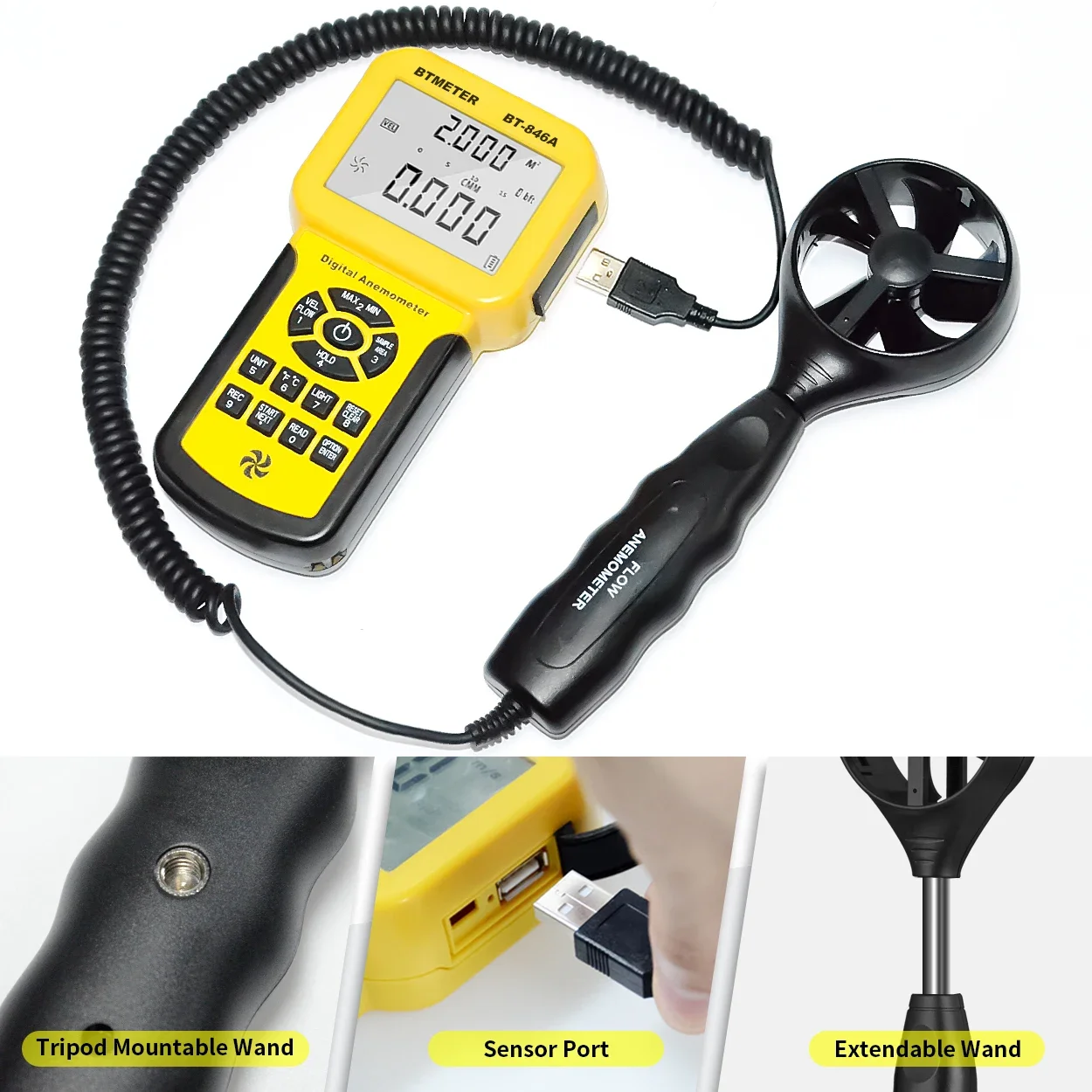 Фото Профессиональный Анемометр BTMETER 846A, измеритель скорости ветра, воздушного потока, воздушного потока, тестер температуры ветра CFM, расходомер воздуха с подсветкой №3