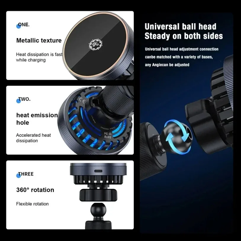 360 Rotation Magnetic Wireless Charger Car qi2 Cooling Air Outlet Holder For Magsafe iPhone 16 15 14 13 12 Pro Max Fast Charging