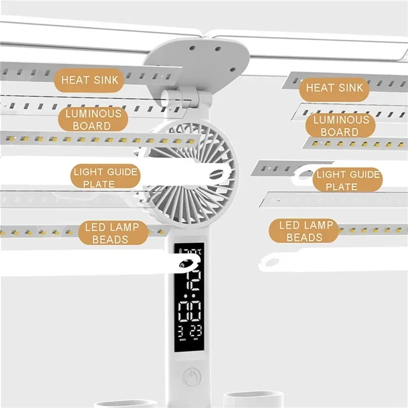 4 Head LED Desk Lamp Temperature Time Week Intelligent Display Foldable Eye Protection Reading Night Light with Pen Holder