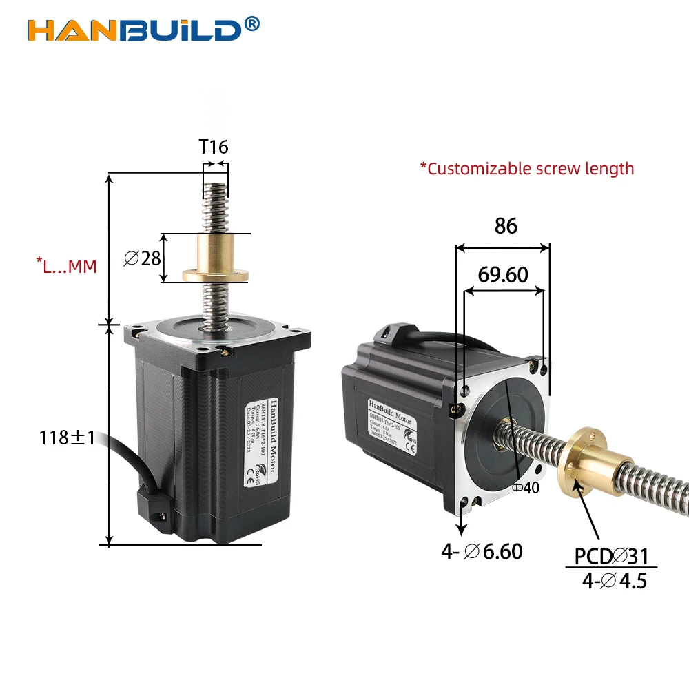 Nema34 phase2 8N.M 6.0A 86HT118-T16 나사 모터 100-500MM nema34 1.8도 118MM 3D 프린터 모니터 장비용