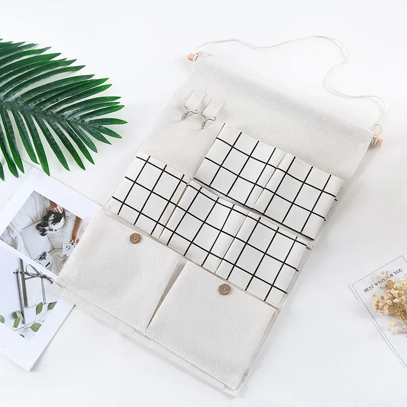 Home Cotton Linen Storage Hanging Bag Dormitory Mobile Phone Storage Door Back Fabric Wall Hanging Storage Bag Bathroom Hanging 3
