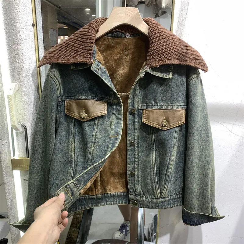 

Cowboy jacket, women's plush style overcomes the 2023 autumn/winter big lapel workwear jacket top