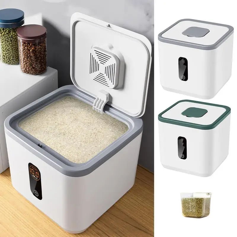 

Airtight Rice Dispenser Bin Sealed Dry Cereal Grain Bucket With Measuring Cup Moisture Proof Kitchen Food Container Storage Box