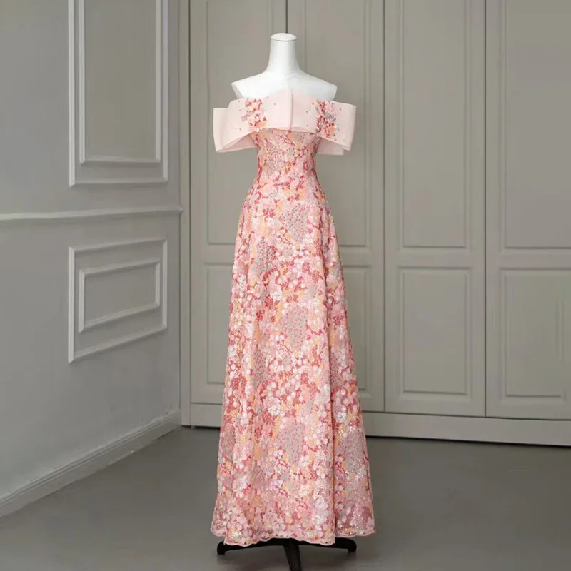 

Женское вечернее платье-русалка, розовое плиссированное платье до пола с короткими рукавами и блестками, роскошное платье с вырезом-лодочкой, модель B2786