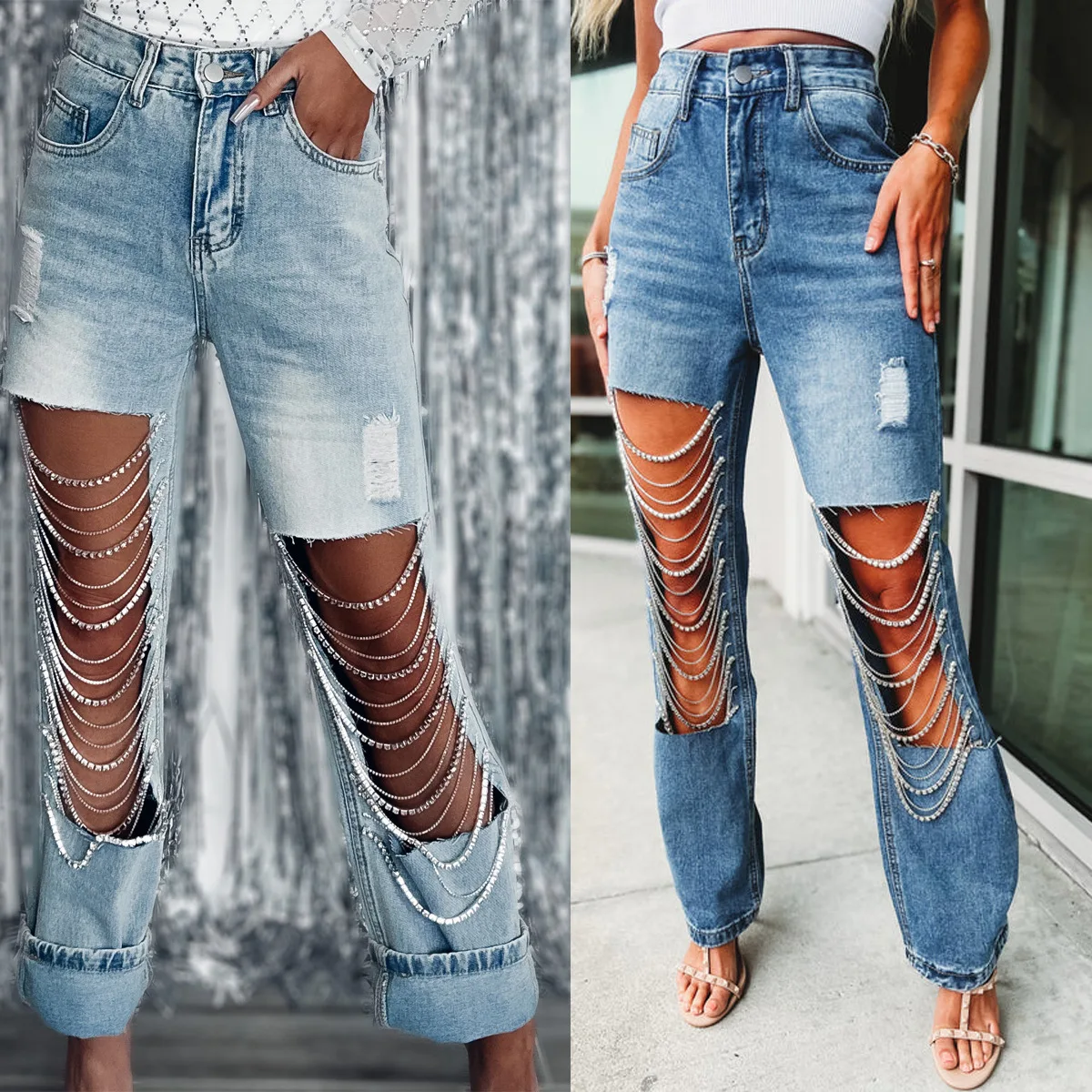

2023 Spring Summer Straight Jeans Women Holes Diamond Rhinestones Solid High Waist Fashion Cotton High Street Denim Pants