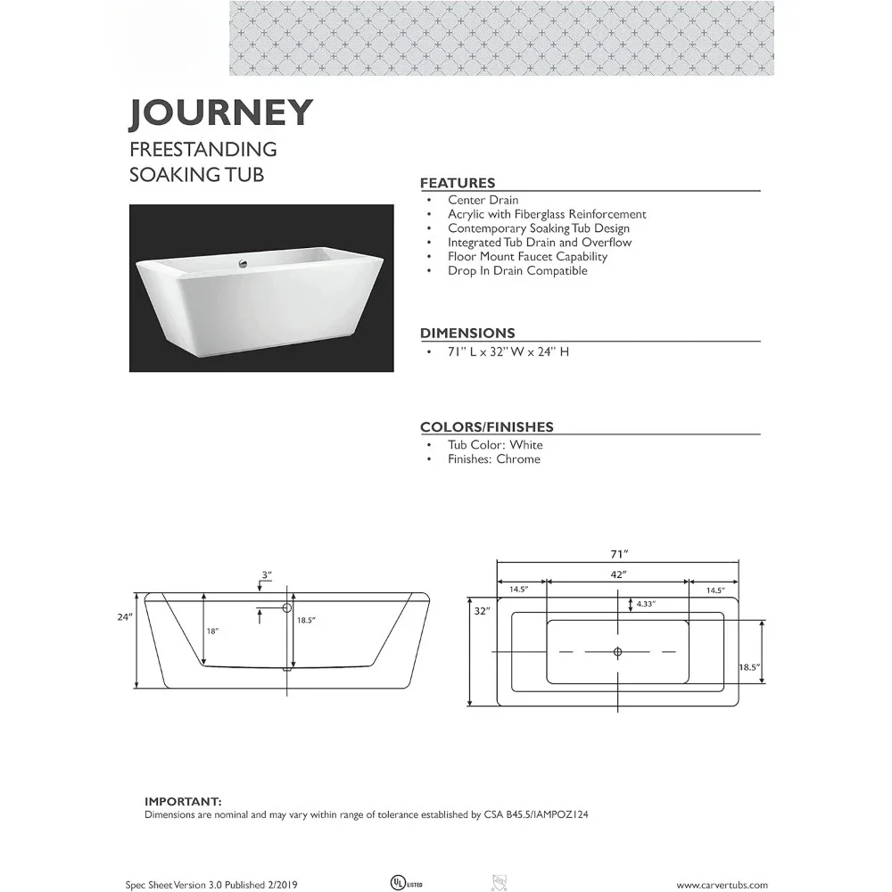 71" - Modern White Freestanding Soaking Bathtub With Chrome Drain - White Rectangle Spacious Acrylic Fiberglass Bath Tub - Deep 5