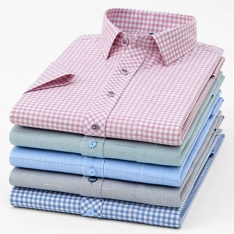 Men's Bamboo Fiber Shirt Short Sleeve New Arrival Summer with Pocket Check Pattern Business Casual Office Wear Plus Size 7XL 6XL 5