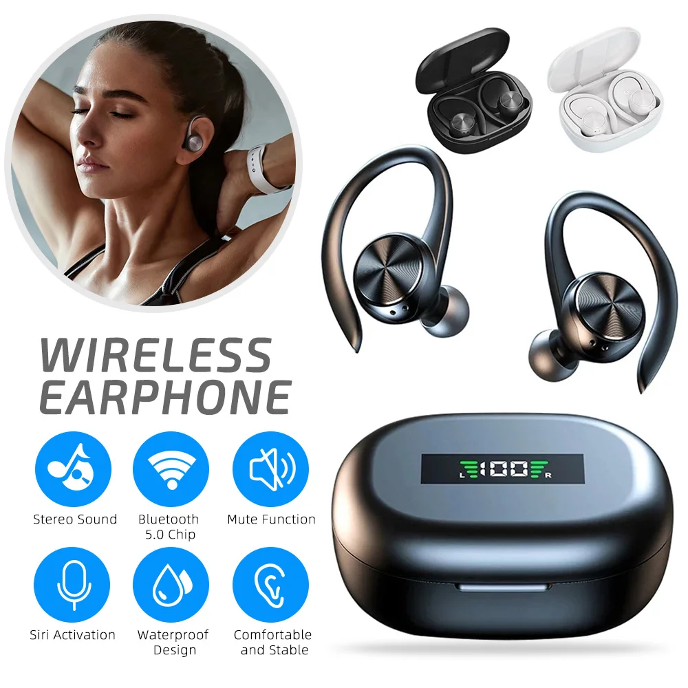 

Новинка, спортивные беспроводные наушники Bluetooth V5.0 TWS, водонепроницаемые наушники-вкладыши IPX5, спортивные наушники с ушным крючком и зарядным чехлом