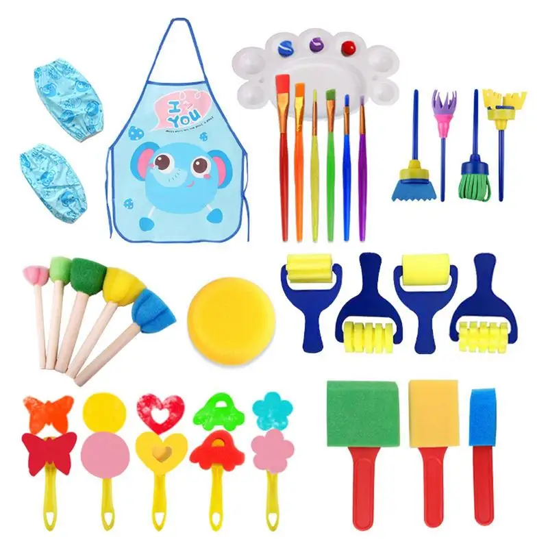 

Paint Sponges For Kids Kids Toddler Paint Brushes Set 32pcs Kids Paint Sponges Set With Waterproof Apron And Sleeves For Toddler
