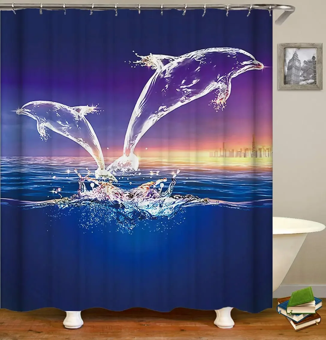 

Dolphin Shower Curtain Blue Underwater World Marine Life , Polyester Fabric Kids Ocean Theme Bathroom Decor Set with 12 Hooks