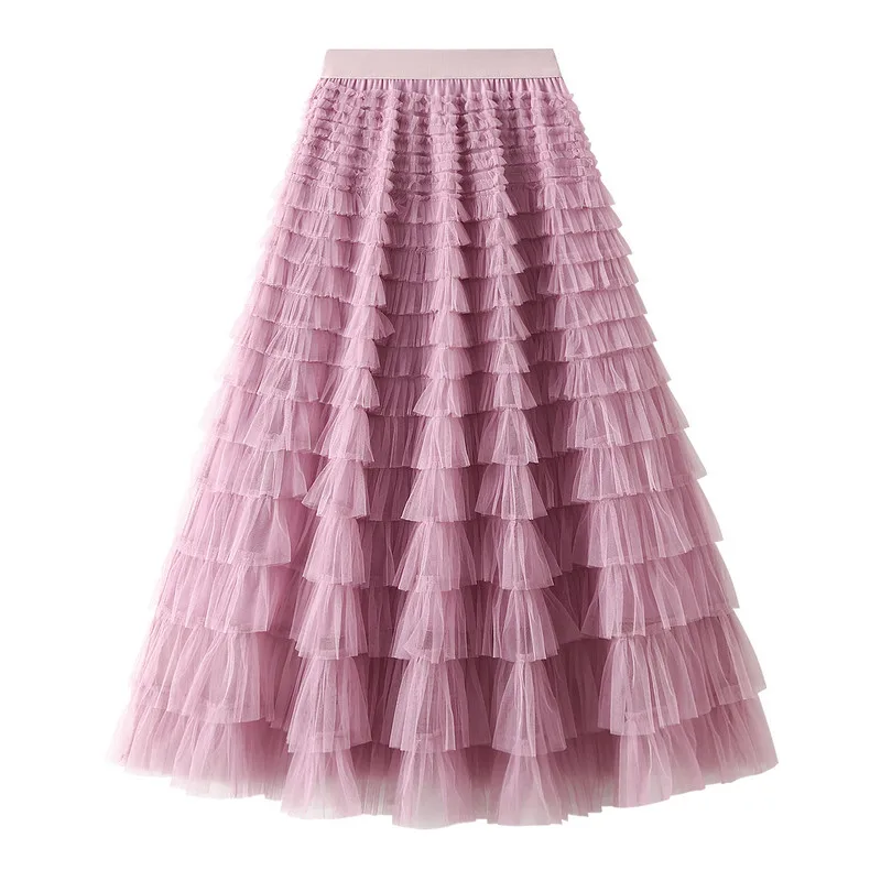 WPNAKS Women Long Cake Skirt Multilayer Mesh Pleated High Waist High Stretch Elegant Solid Color Skirt