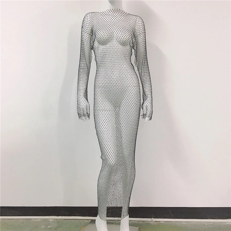 Shiny Rhinestones Grid Fishnet Dress Long Sleeve O-Neck Hollw Out 2024 Summer Dress Sexy Beach Cover Up Breathable Lady Vestidos 5
