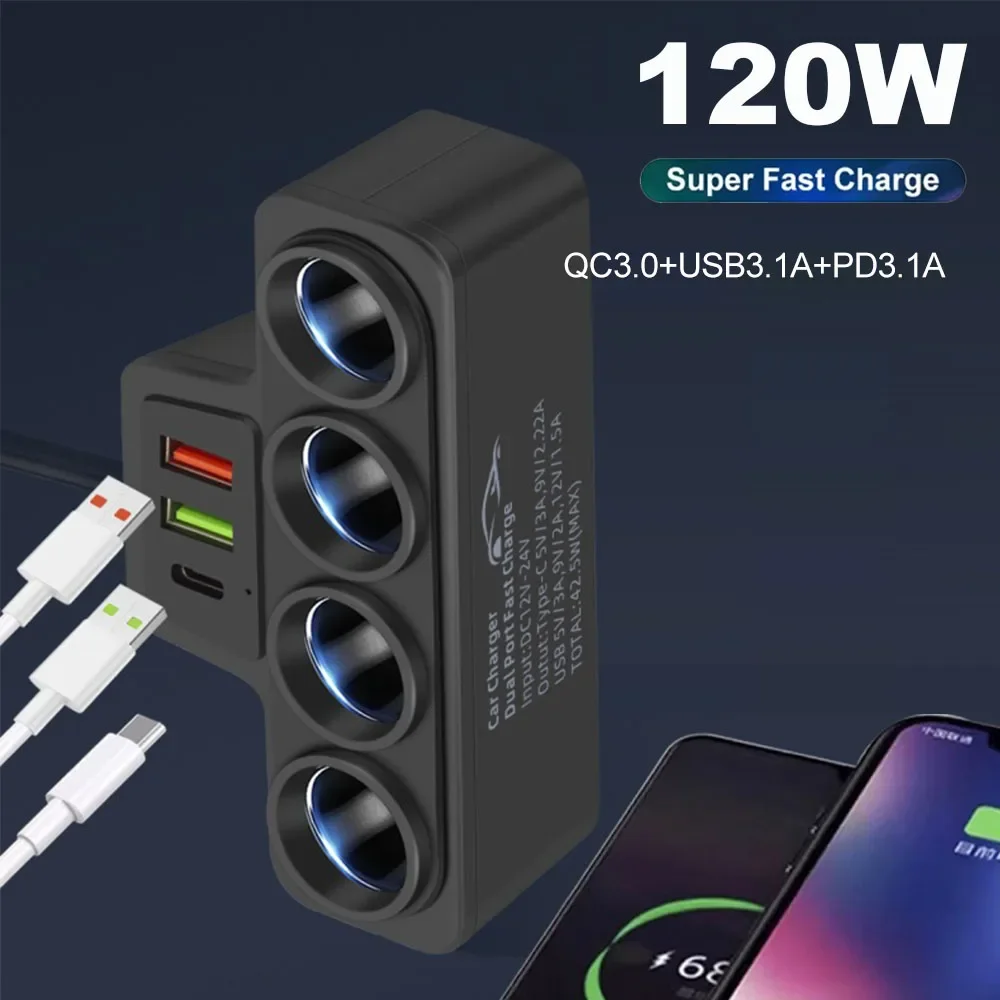 Allume-cigare 12V 24V Voltmètre Répartiteur Allume-cigare 7 En 1 - 3 Prises + 3 USB + Type C - Chargeur Voiture 120W Maxi Chargeur Allume-cigare