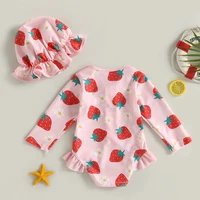 VISgogo Toddler Girl Rash Guard Swimsuit Set Summer Long Sleeve Strawberry Print Bathing Suit + Sun Hat Infant Newborn Swimwear 2