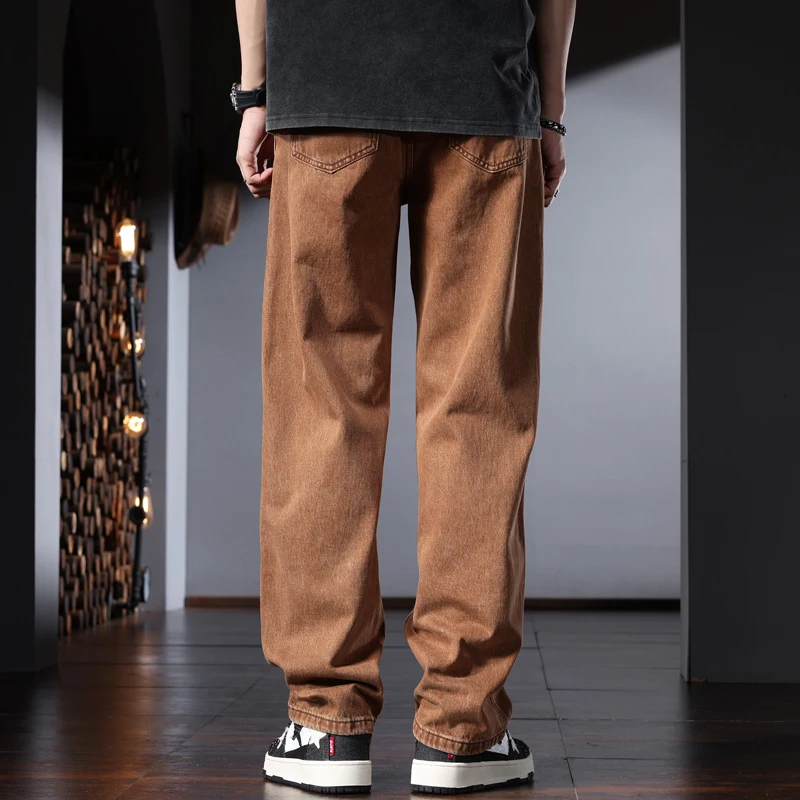Baggy Cotton Men's Wide Leg Pants Brown Jeans Summer Casual Loose Denim Trousers CP2272