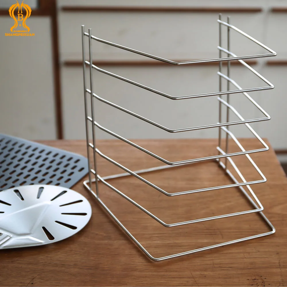 SHANGPEIXUAN Pizza Pan Stand 6 Tier Stainless Steel Pizza Pan Rack Holder for Party Table Platter Tray Display Rack pizza saver stands